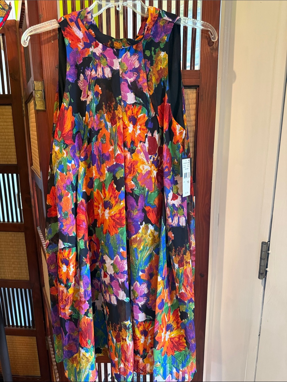 Robbie Bee Black Floral Sleeveless Party Dress with Bright Multi-Color Blooms